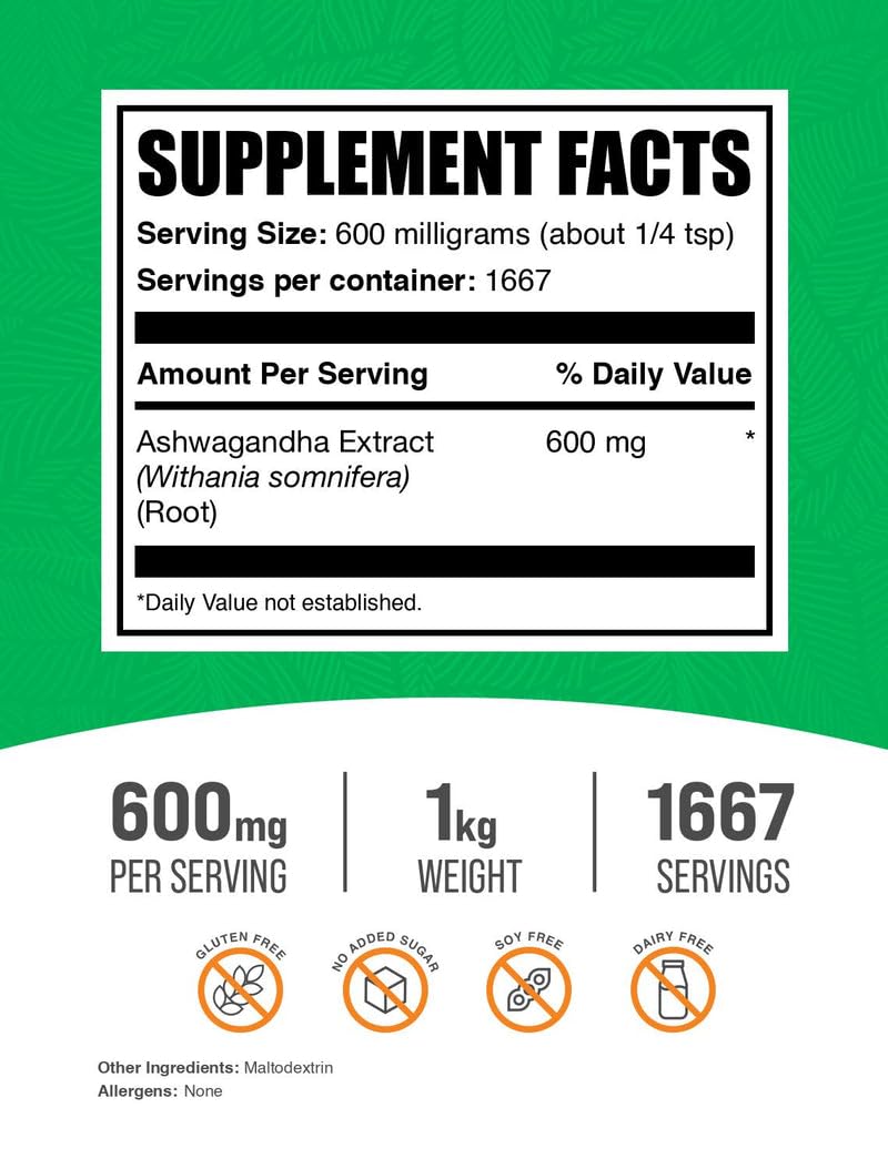 BulkSupplements Ashwagandha envase-etiqueta, envase estable para dosis diarias.