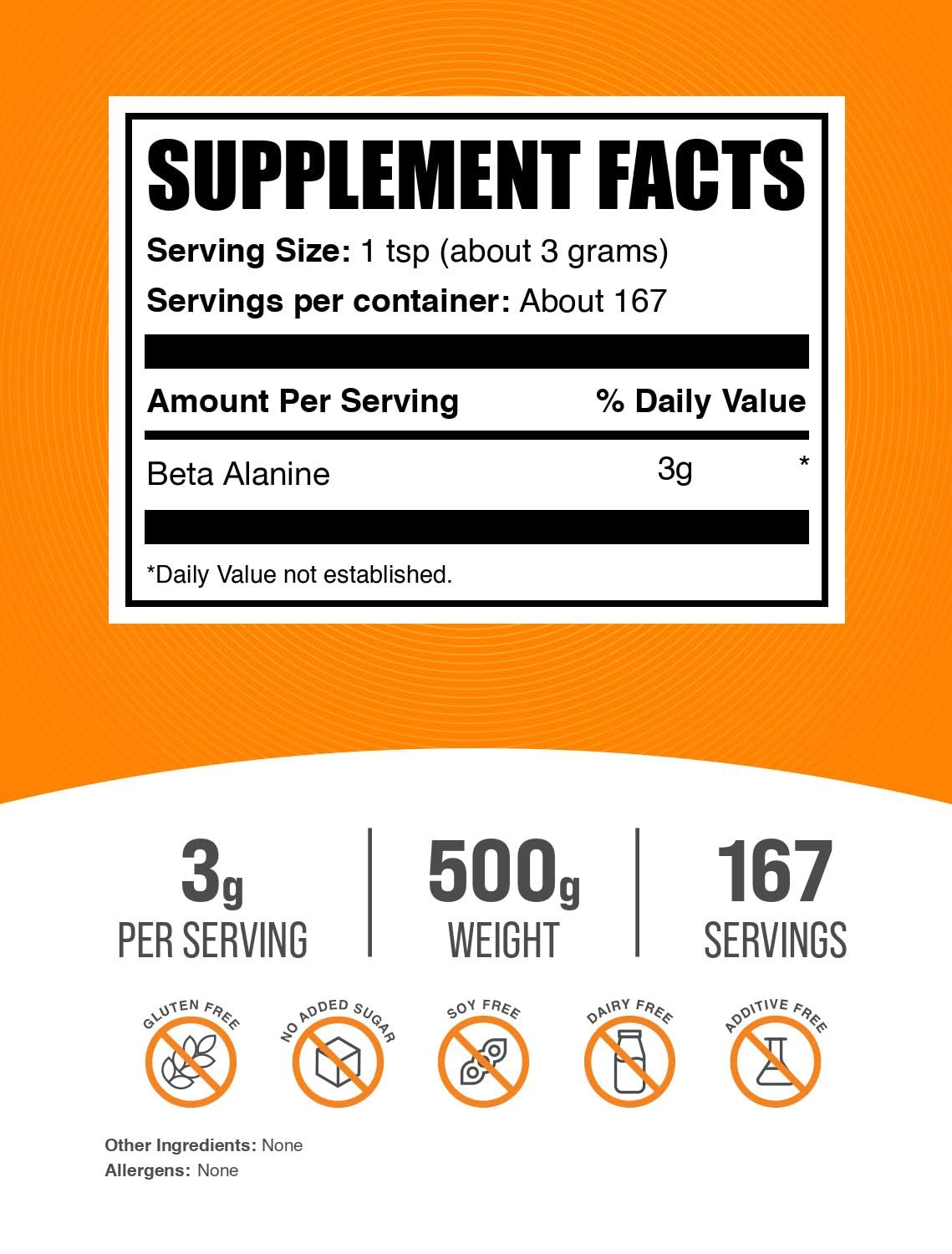 BulkSupplements Beta-Alanina en polvo, dosis de 3 g por porción para rendimiento