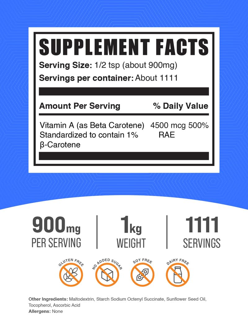 BulkSupplements betacaroteno en polvo, dosis diaria para complementar la dieta.