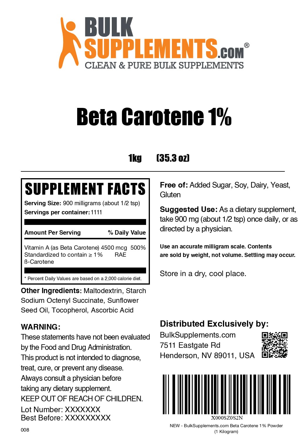 Uso diario de BulkSupplements betacaroteno en polvo para rutinas sin gluten.