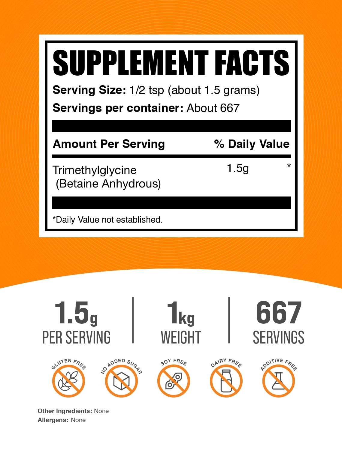 Betaína Anhidra BulkSupplements con medición de 1500 mg para entrenos consistentes