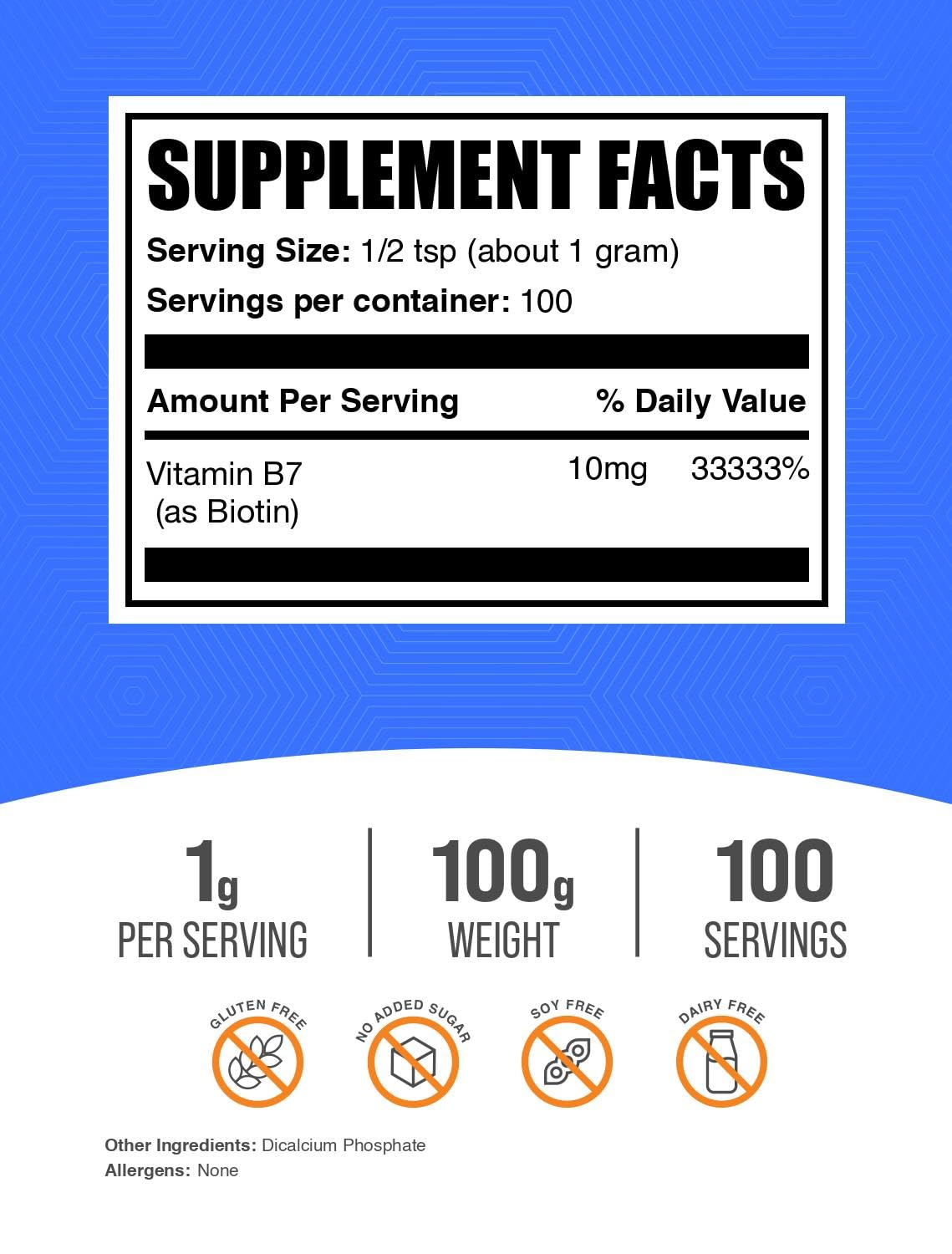 BulkSupplements Biotina 10000mcg cuchara medidora para dosis diaria fácil.