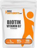 BulkSupplements Biotina 10000mcg en polvo en bote para cabello y uñas saludables.