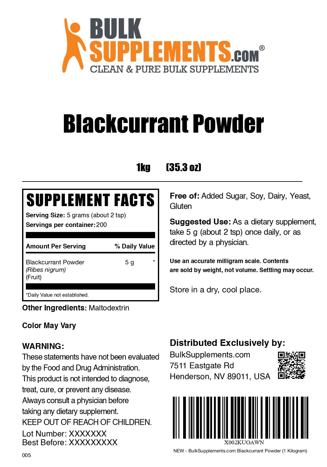 BulkSupplements Blackcurrant Powder aroma-fruta, ideal para aromatizar bebidas.