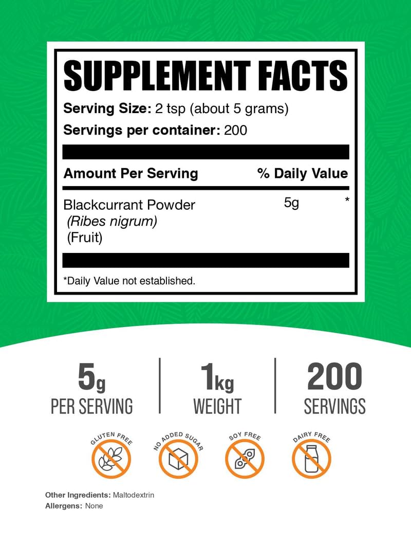 BulkSupplements Blackcurrant Powder mezcla-batido, potenciadora de smoothies energéticos.