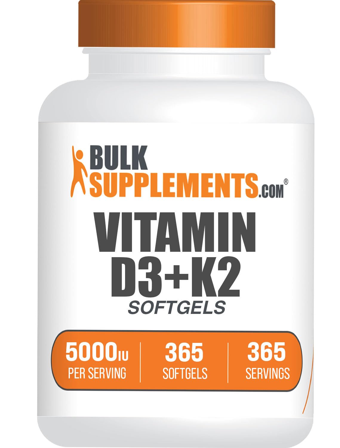 BulkSupplements Vitamina D3 + K2, cápsulas blandas en bote, soporte diario para el bienestar.