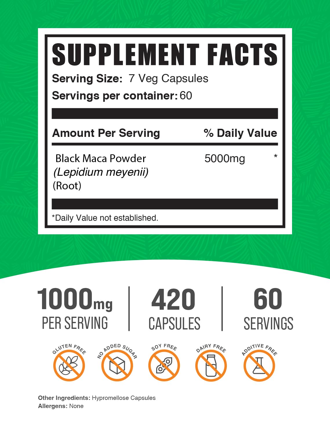 Caja BulkSupplements Maca Negra, cápsulas, control de calidad visible.