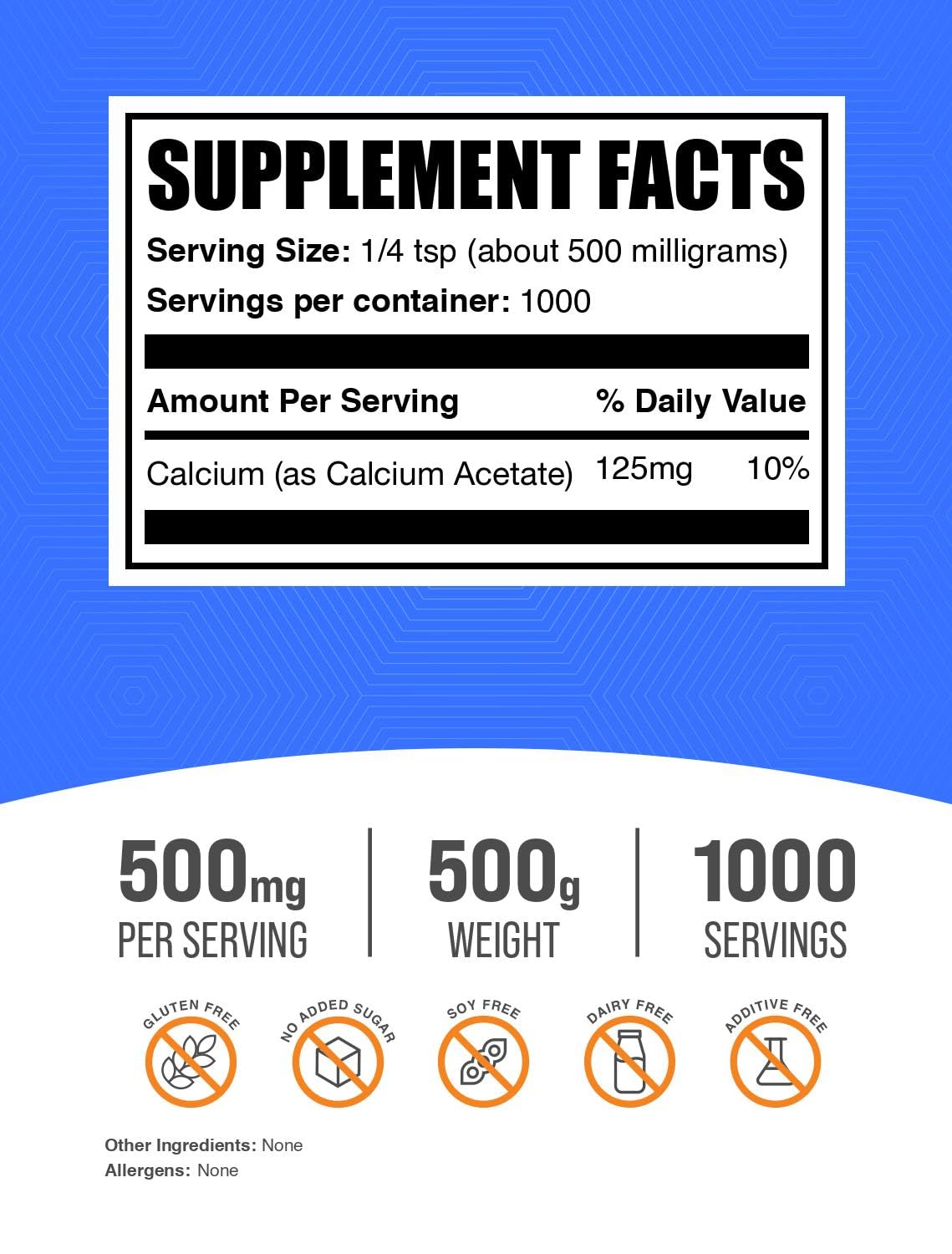 BulkSupplements Calcium Acetate en polvo, mezcla fácil en jugos para ingesta diaria