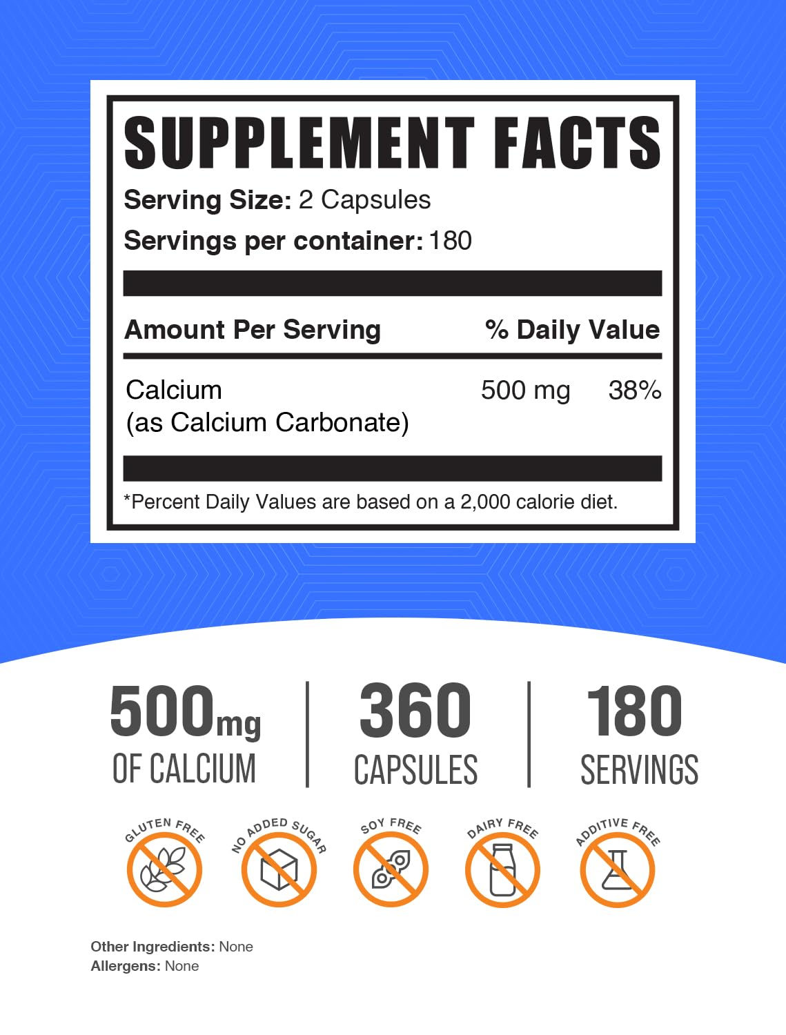 BulkSupplements calcio-carbonato cápsulas 500 mg, envase visible para revisión de calidad.