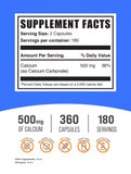 BulkSupplements calcio-carbonato cápsulas 500 mg, envase visible para revisión de calidad.