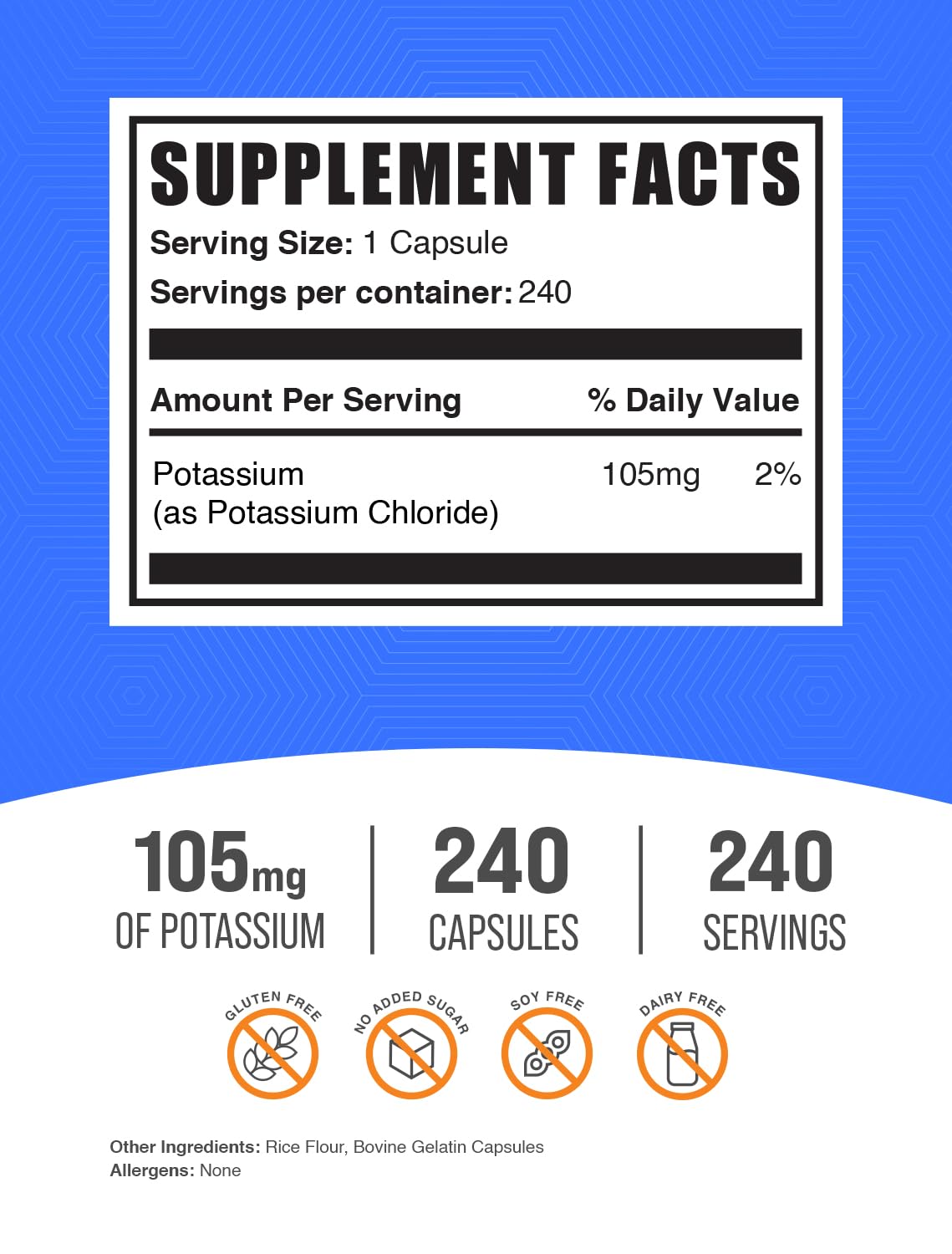 BulkSupplements cápsulas de cloruro de potasio, porción diaria fácil de tomar.