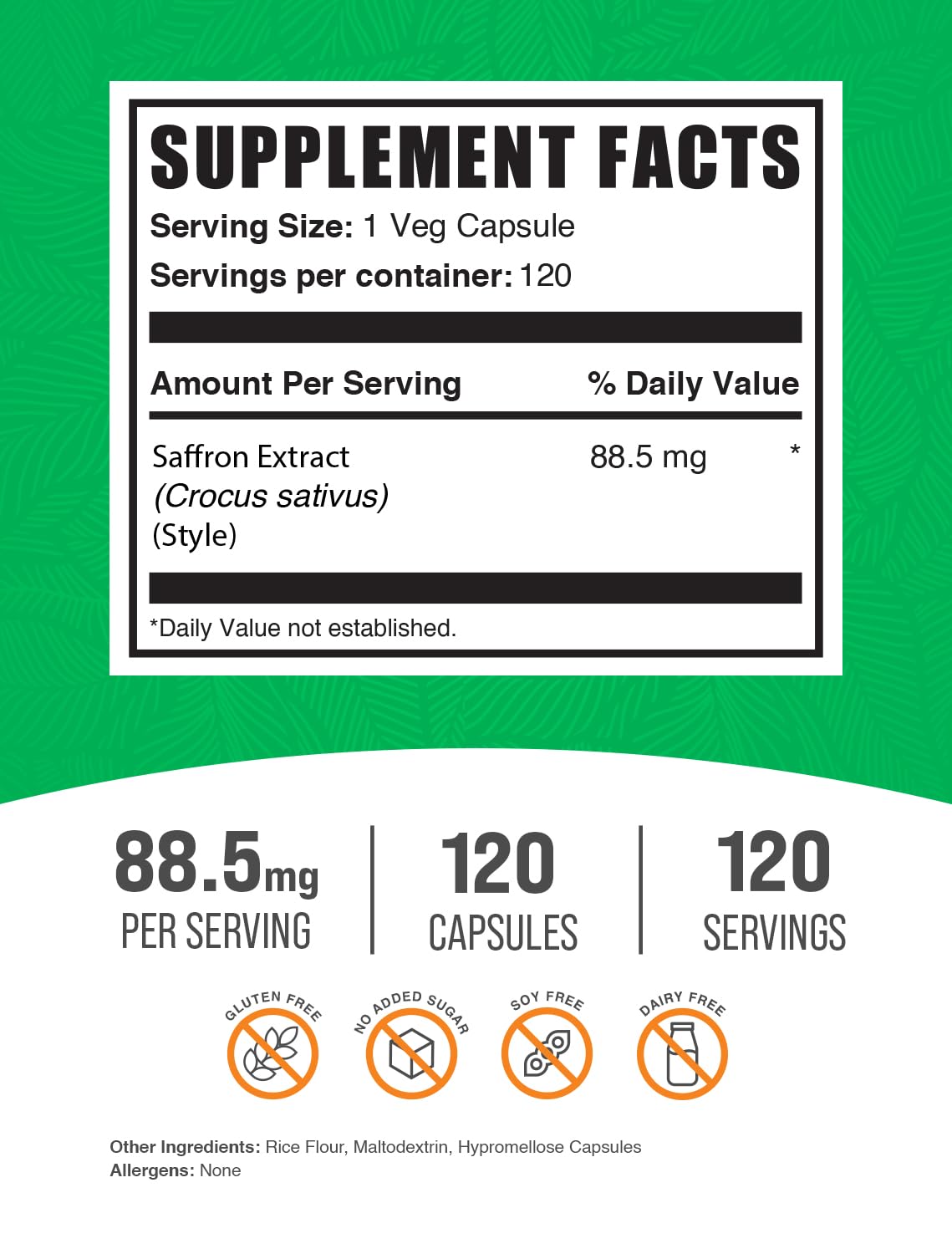 BulkSupplements Zafrán Extracto cápsulas en envase para rutina diaria saludable.
