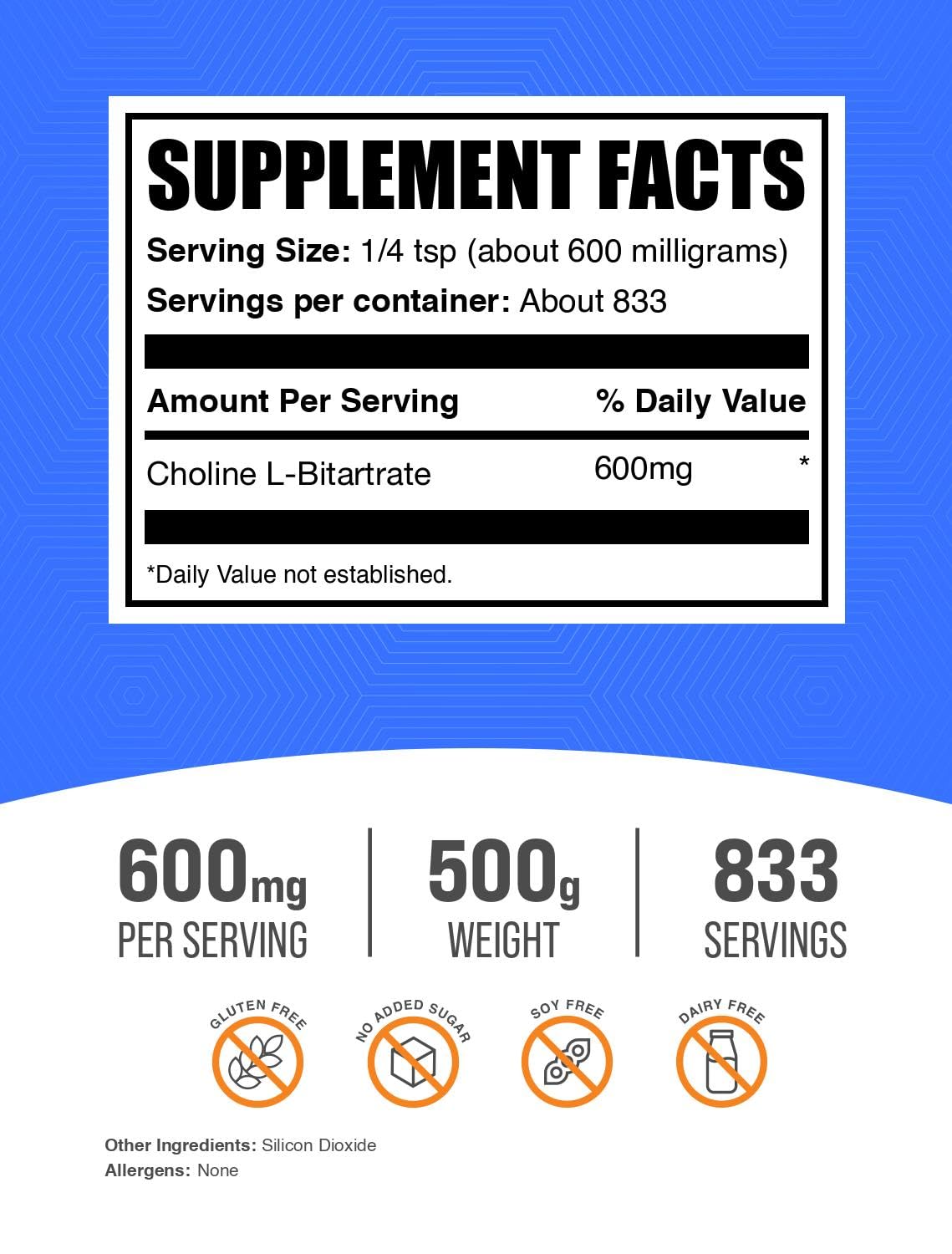 BulkSupplements envase transparente con polvo de colina bitartrato para dosificación exacta