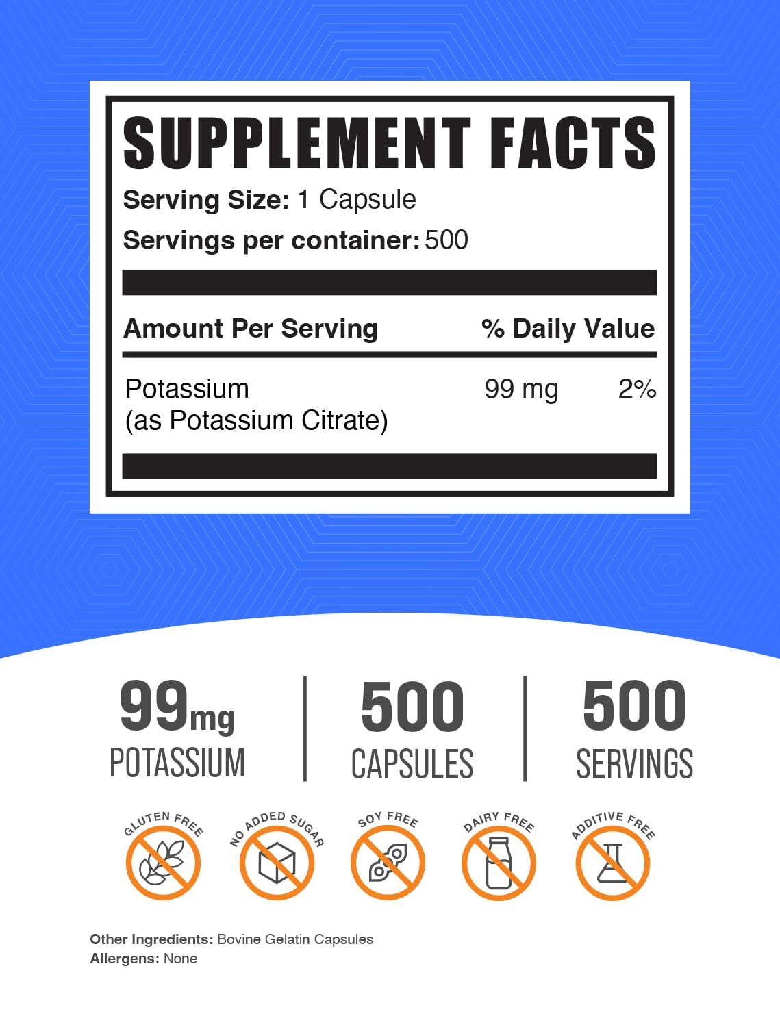 BulkSupplements Citrato de Potasio Cápsulas 99 mg – etiqueta clara facilita la dosis diaria