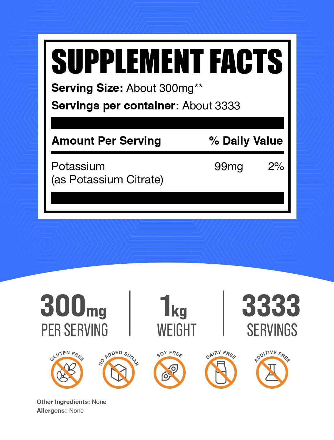 Bulksupplements Citrato de Potasio en polvo, porción diaria para equilibrio mineral