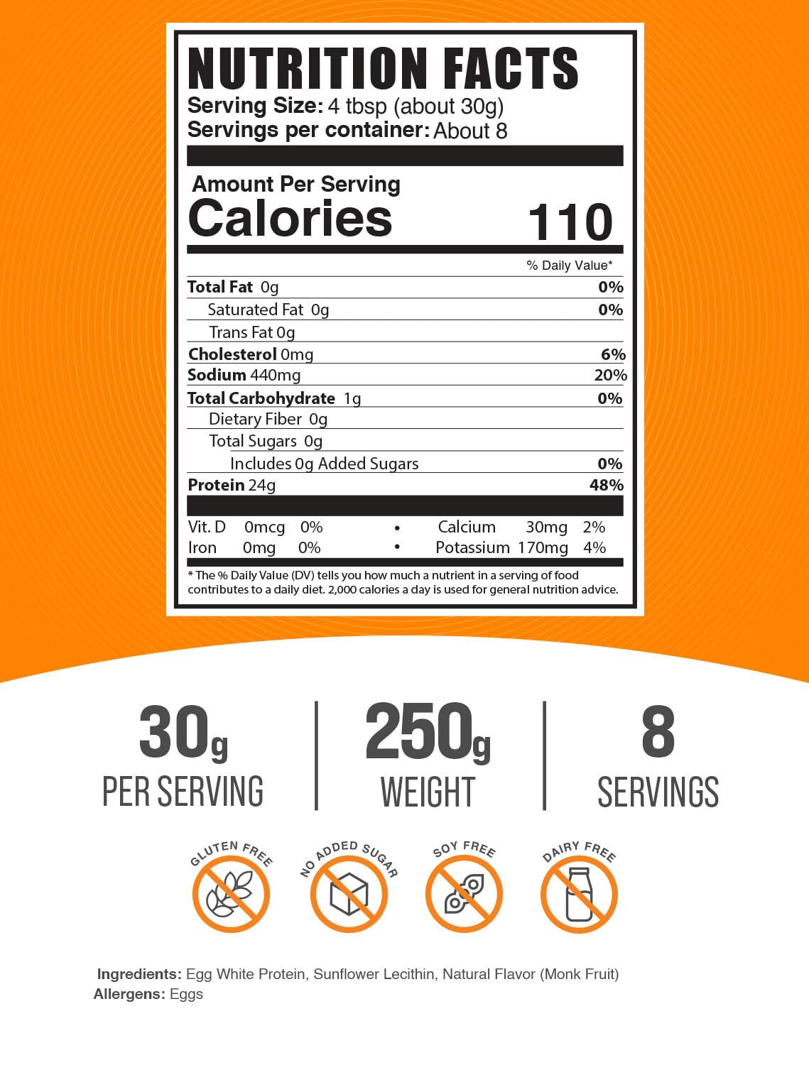 BulkSupplements clara de huevo en polvo en envase de 250 g para uso diario.