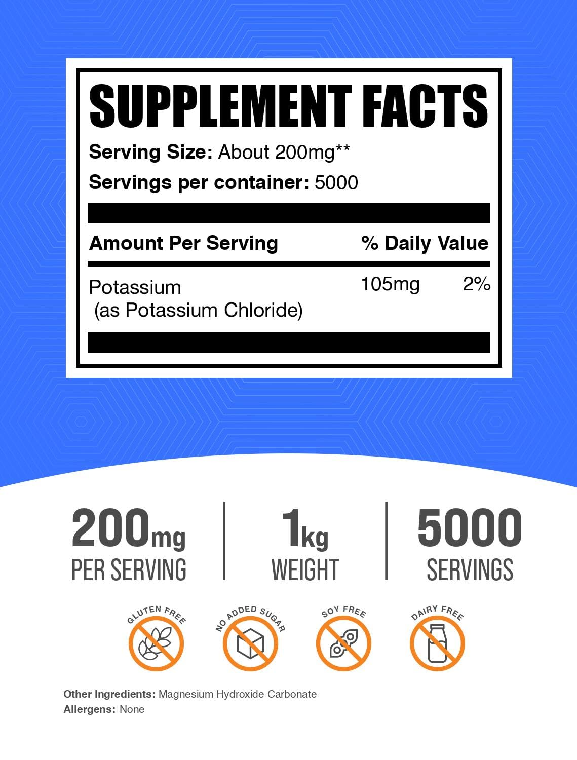 BulkSupplements cloruro de potasio dosis porcion, facilita planificar la ingesta diaria de potasio