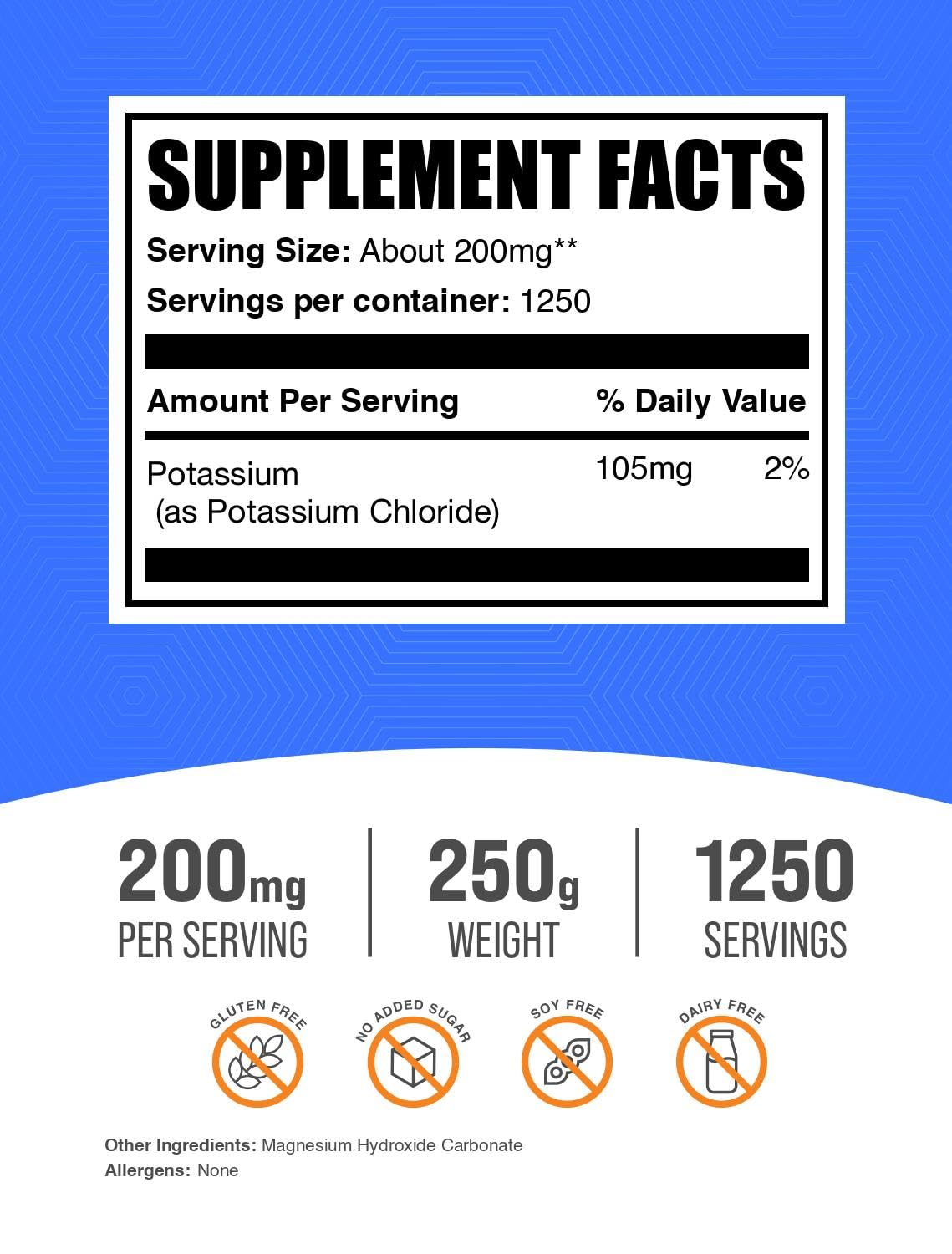 BulkSupplements cloruro de potasio polvo, bote con dosificador para medir porciones.