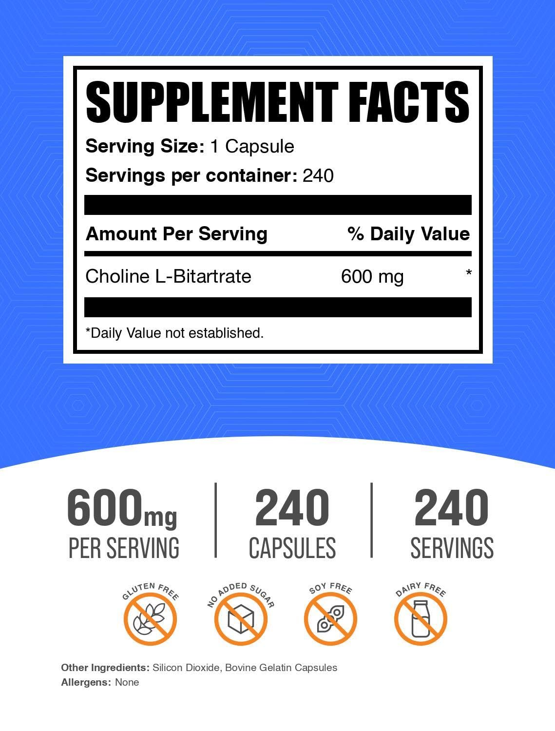 BulkSupplements Colina Bitartrato cápsulas, dos por porción, fácil de integrar.