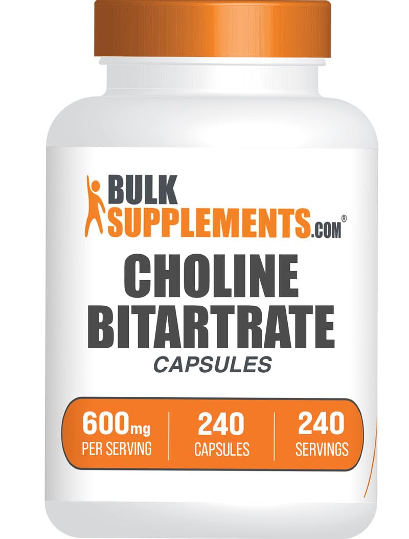 BulkSupplements Colina Bitartrato cápsulas en envase, fácil de usar diariamente.