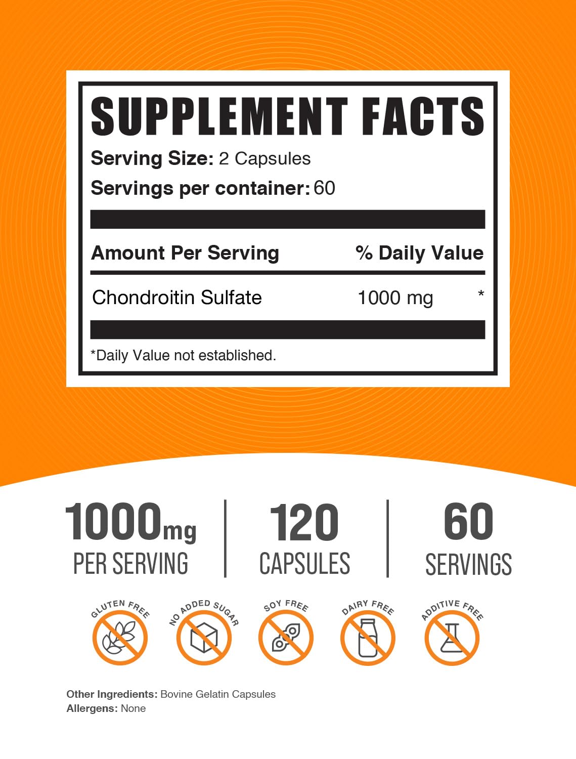 Cápsulas BulkSupplements condroitina sulfato 1000 mg, uso cómodo con dos cápsulas por porción.