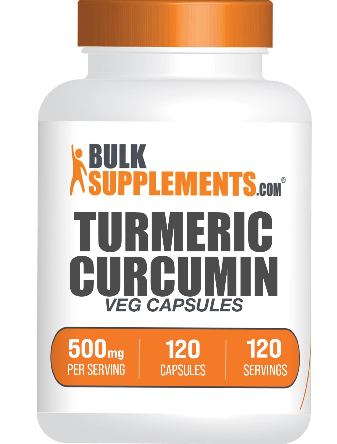 Cápsulas BulkSupplements Curcuma 500 mg en botella, apoyo diario de bienestar natural.