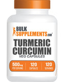 Cápsulas BulkSupplements Curcuma 500 mg en botella, apoyo diario de bienestar natural.
