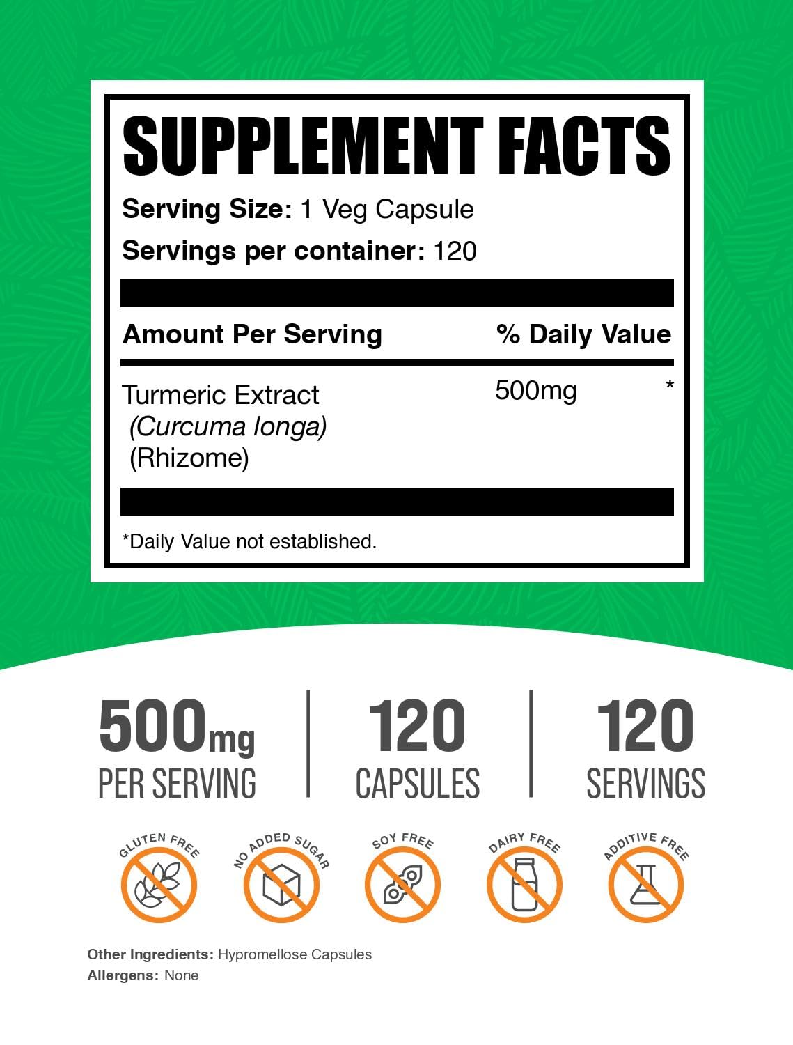 Cápsulas BulkSupplements Curcuma 500 mg, etiqueta legible para verificar información de producto.