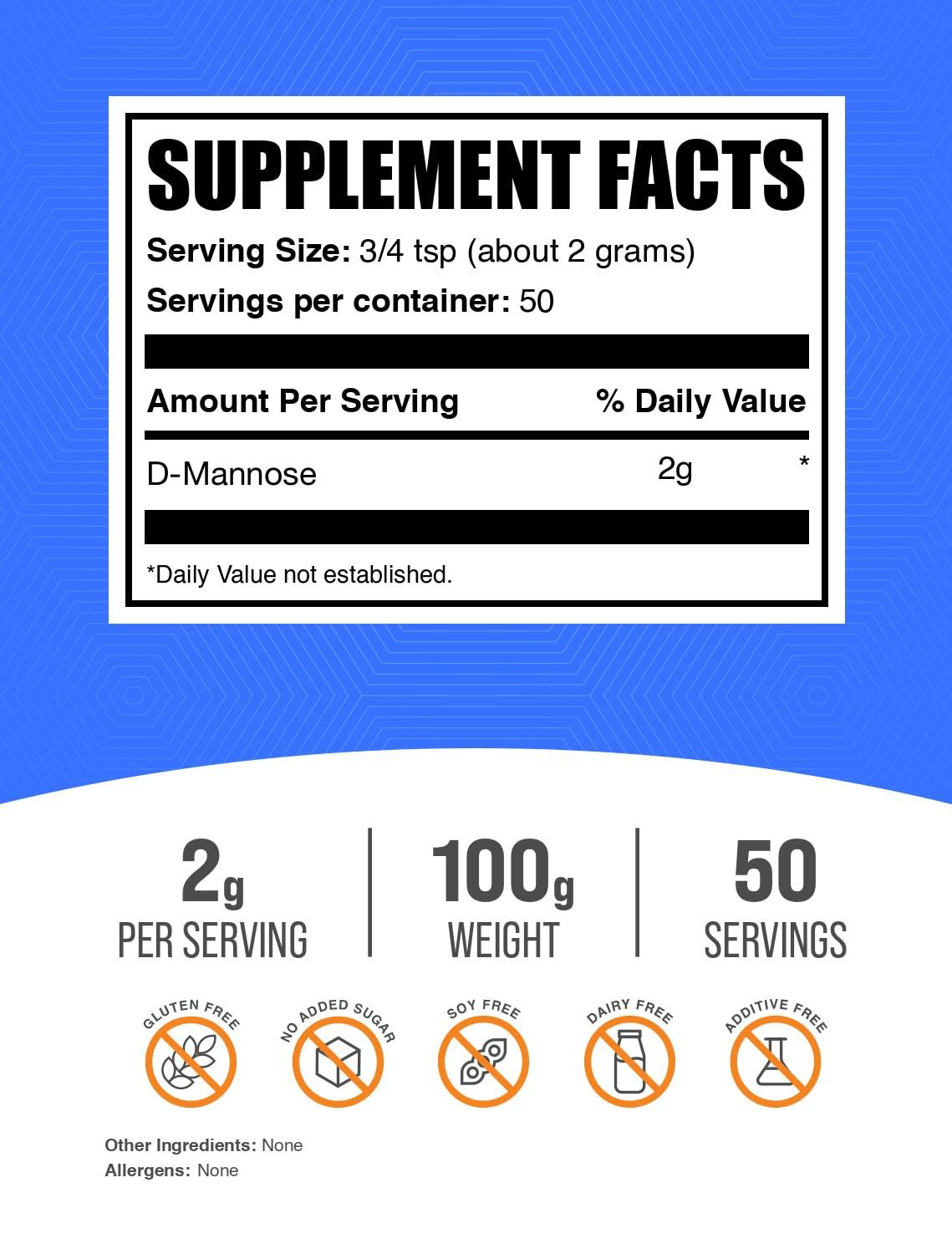 BulkSupplements D-Mannose polvo con cuchara, fácil integración en bebidas diarias.