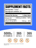 BulkSupplements D3 + K2 5000 UI, cápsulas listas para tomar, integración fácil en la rutina matutina.
