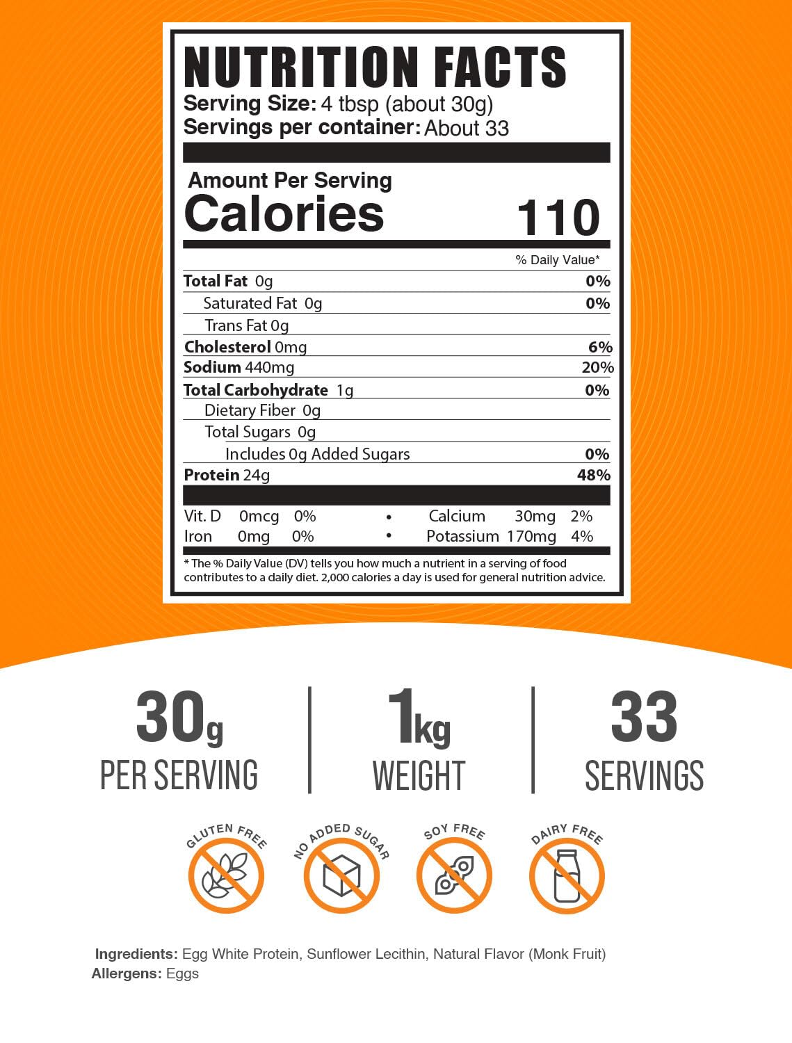 BulkSupplements Egg White Protein Powder scoop shows a 30 g serving for easy fueling.