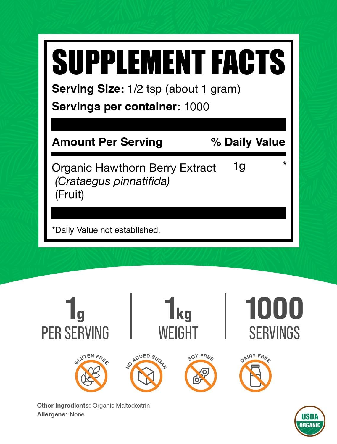 BulkSupplements polvo de espino albar en cuchara de servicio ilustra la porción diaria sugerida