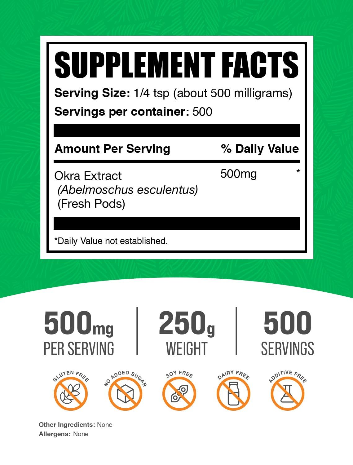 BulkSupplements extracto de quingombo en polvo, textura suave para mezclar fácilmente.