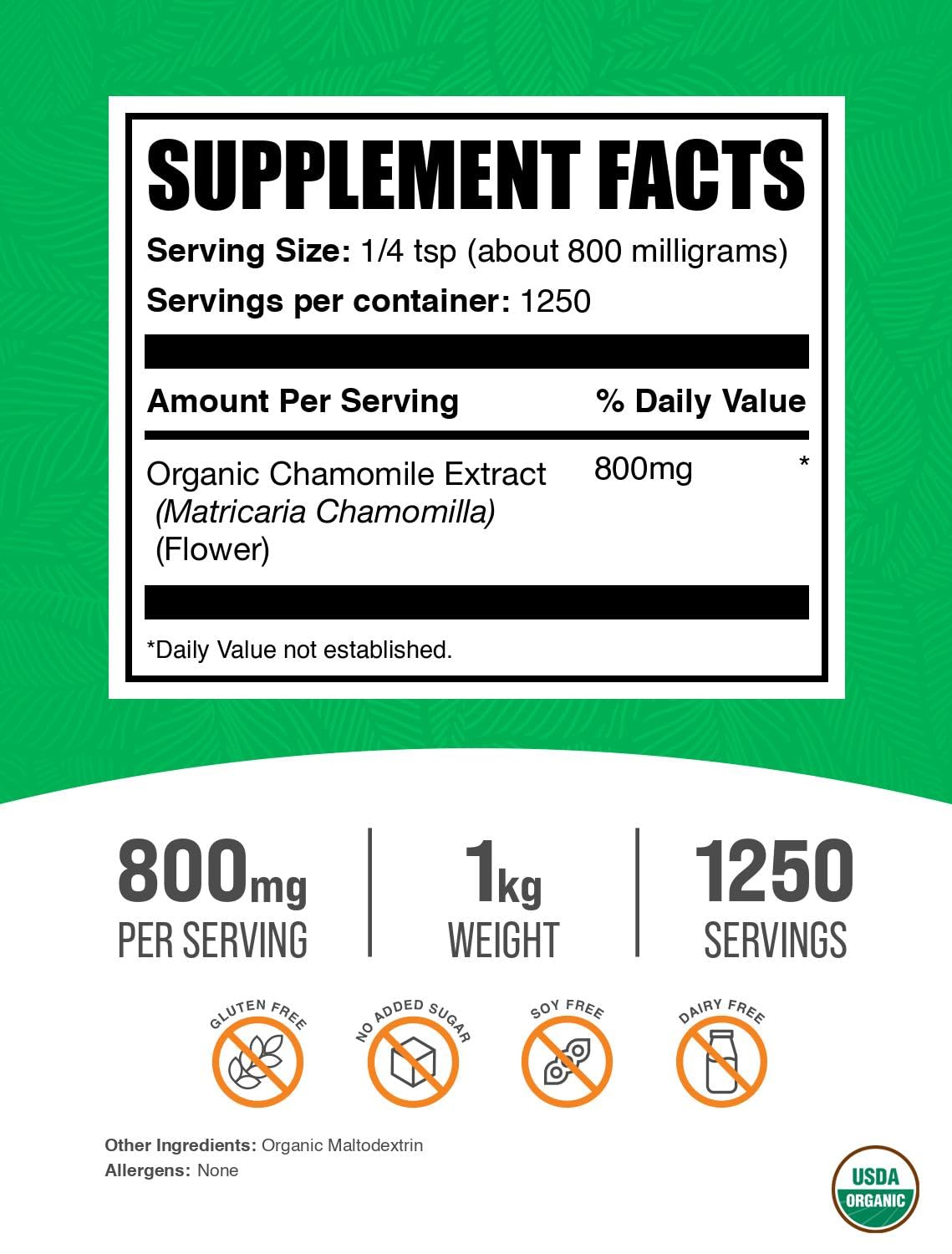 BulkSupplements extracto de manzanilla orgánico en polvo, envase práctico para uso diario