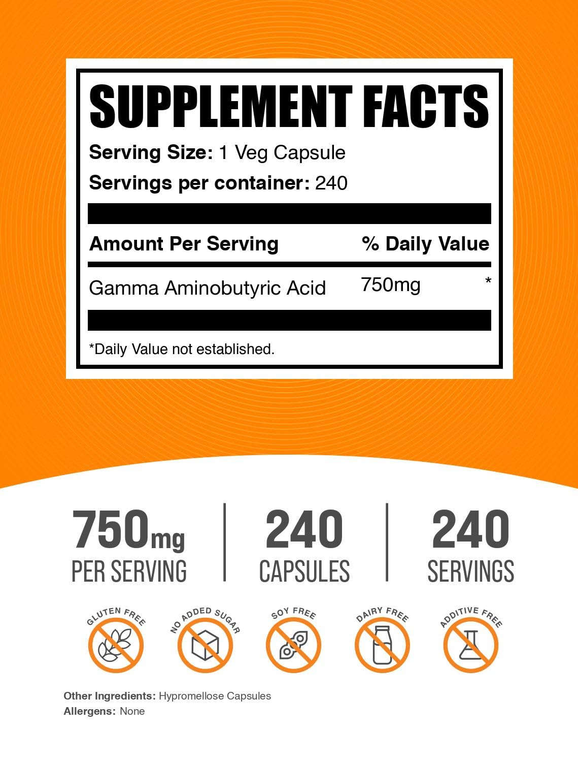 BulkSupplements GABA 750 mg cápsulas, etiqueta frontal, claridad en la dosificación.
