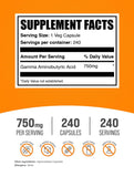 BulkSupplements GABA 750 mg cápsulas, etiqueta frontal, claridad en la dosificación.