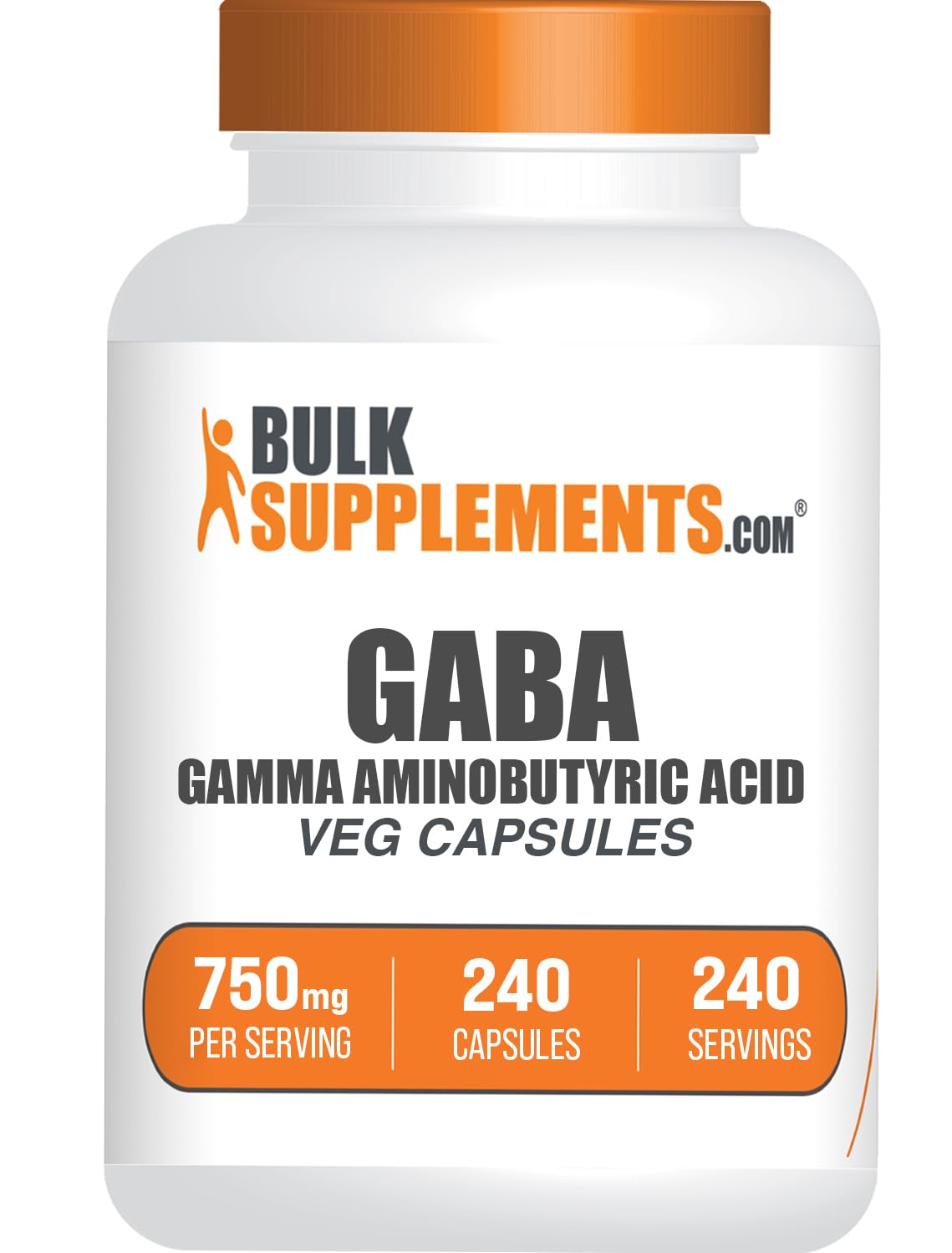 BulkSupplements GABA 750 mg cápsulas frente al bote, apoyo al bienestar diario.
