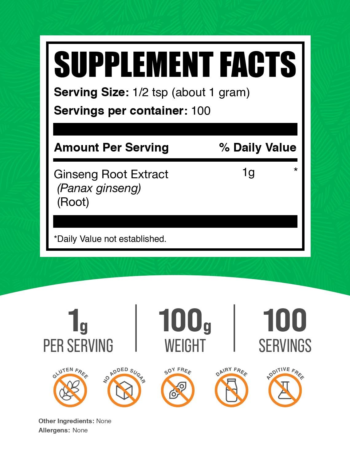BulkSupplements extracto de ginseng polvo, porción de 1000 mg por toma.