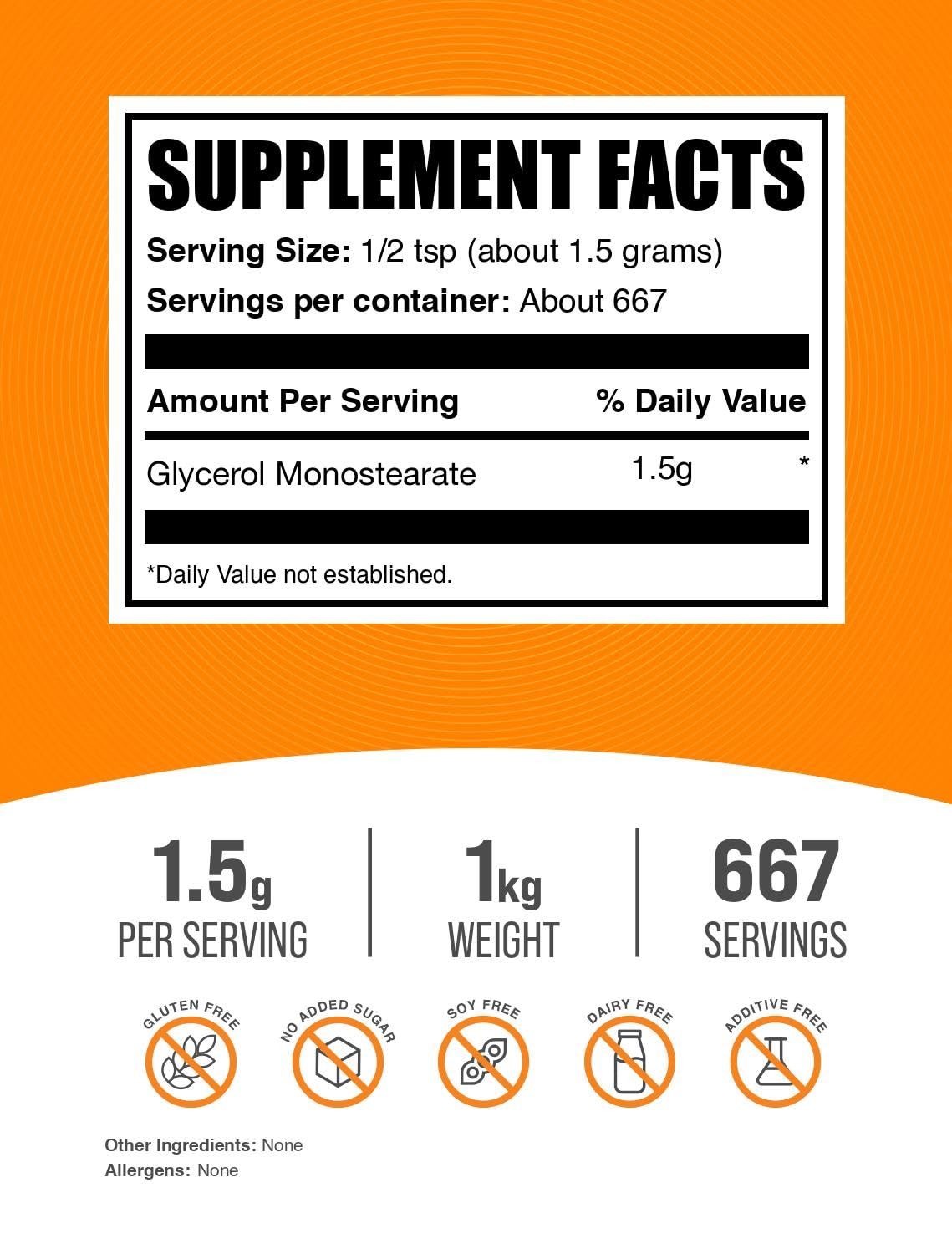 Dosis de 1500 mg de GMS en BulkSupplements para batidos y texturas cremosas.
