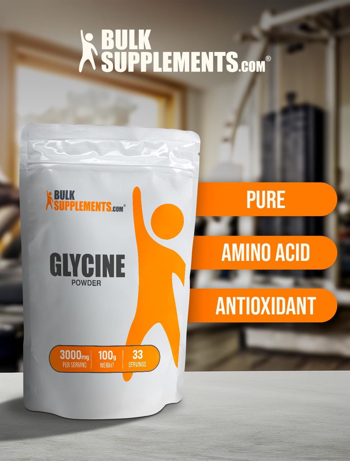 BulkSupplements Glicina polvo apto para dietas sin gluten y uso flexible.