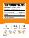 BulkSupplements Glicina en polvo, envase de 100 g, ideal para uso diario.