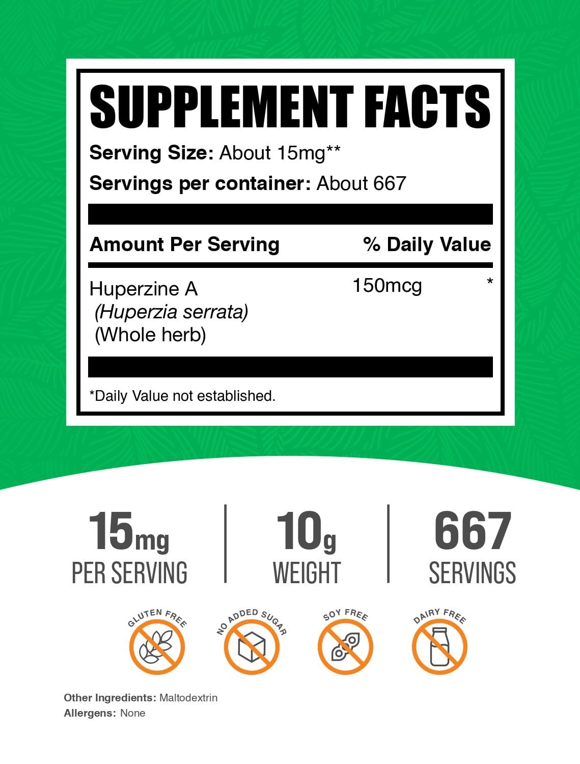 BulkSupplements Huperzine A, etiqueta frontal para mezclas rápidas