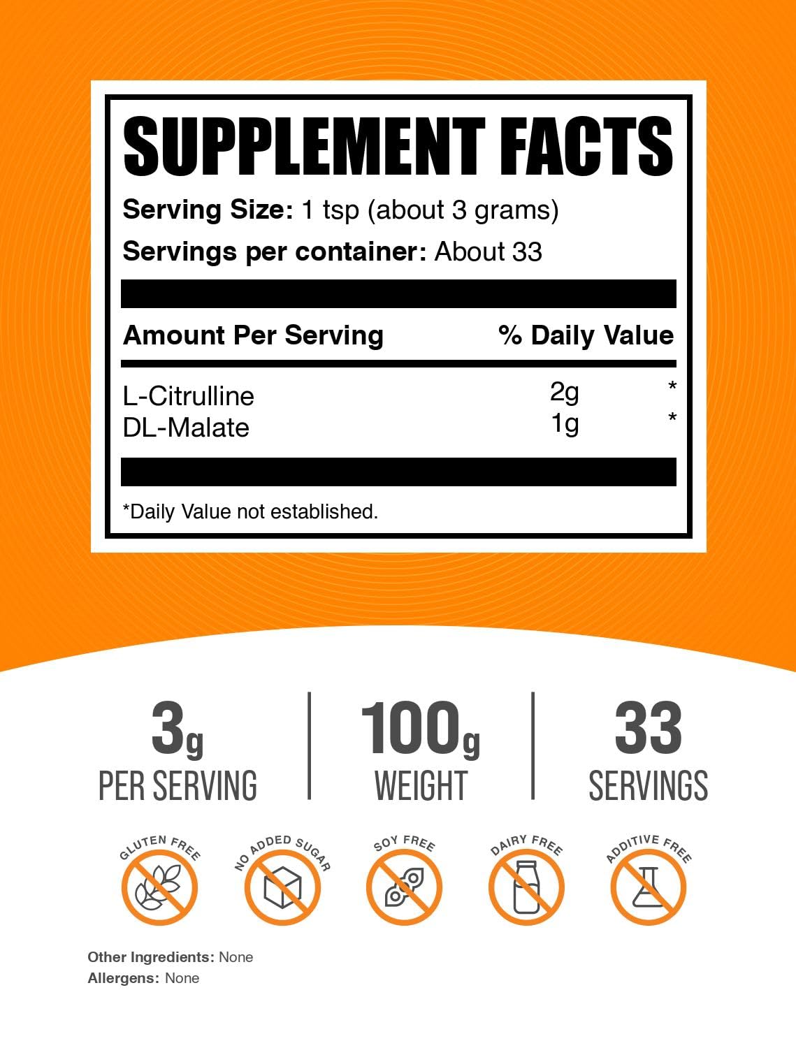 Bulksupplements L-Citrulina Malate 2:1 sin sabor, ideal para añadir a bebidas y apoyar entrenamientos.