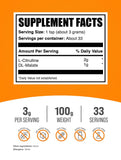 Bulksupplements L-Citrulina Malate 2:1 sin sabor, ideal para añadir a bebidas y apoyar entrenamientos.
