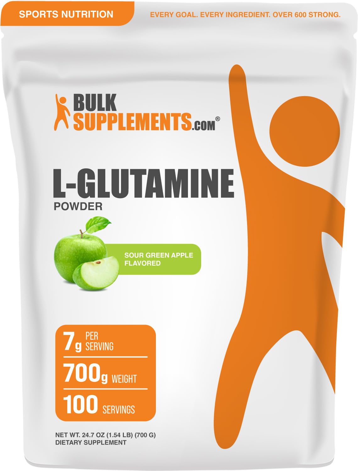 Bulksupplements L-Glutamina: frasco frente, posible apoyo a recuperación tras entreno