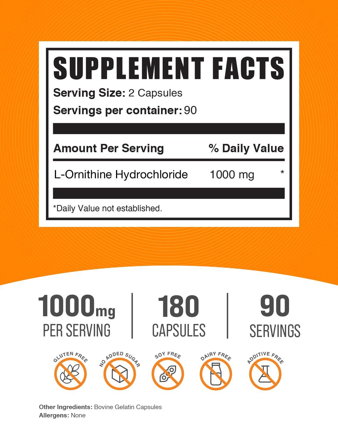 BulkSupplements L-ornitina HCl, enfoque en rendimiento y apoyo a entrenamientos.