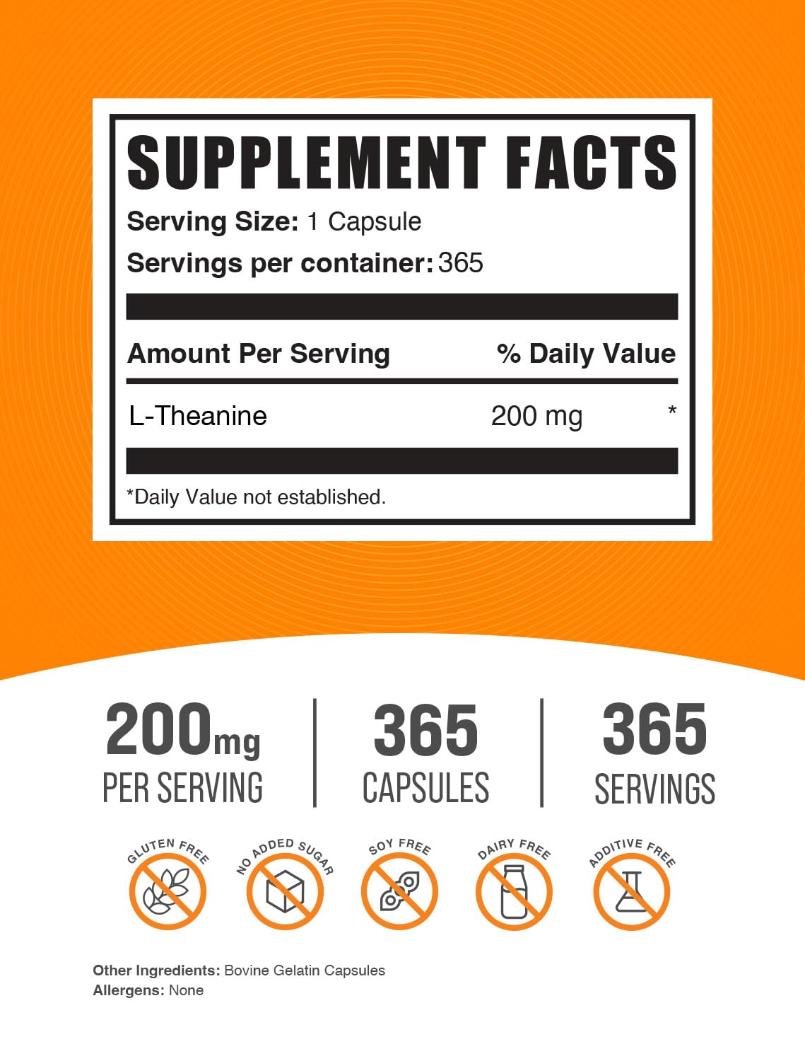 Bulksupplements L-Teanina, etiqueta del producto, enfoque sostenido durante tareas prolongadas.
