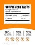 Bulksupplements L-Teanina, etiqueta del producto, enfoque sostenido durante tareas prolongadas.