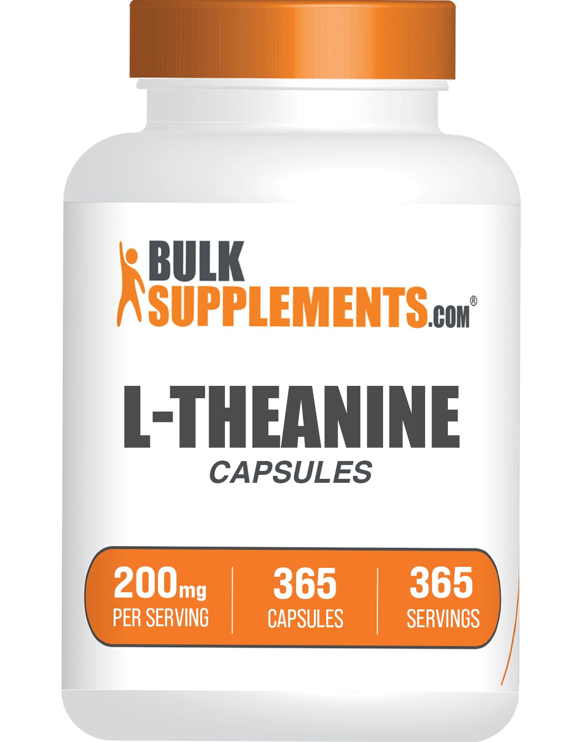 Bulksupplements L-Teanina frente de envase, apoyo para concentración y tranquilidad diaria.