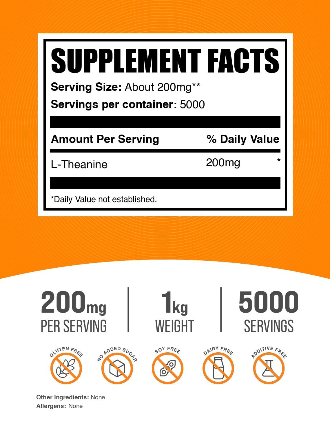 BulkSupplements L-Teanina porción de 200 mg para dosis precisa.